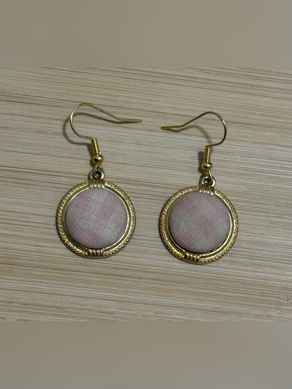 Gold-Tone Pink Plaid Fabric Earrings